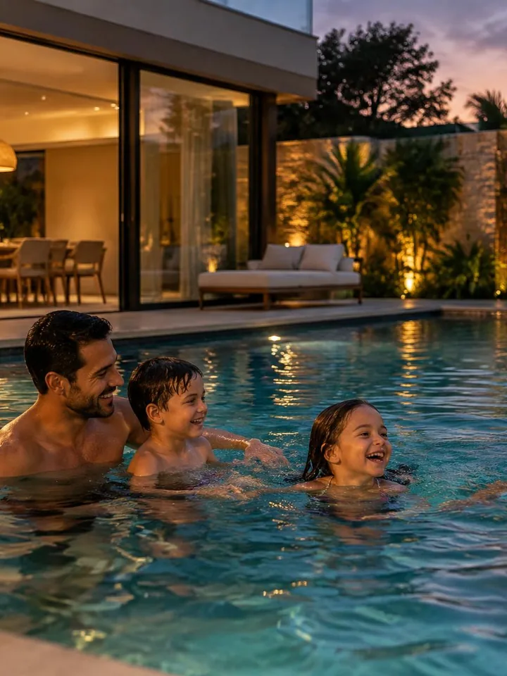 Família aproveitando a piscina no início do dia